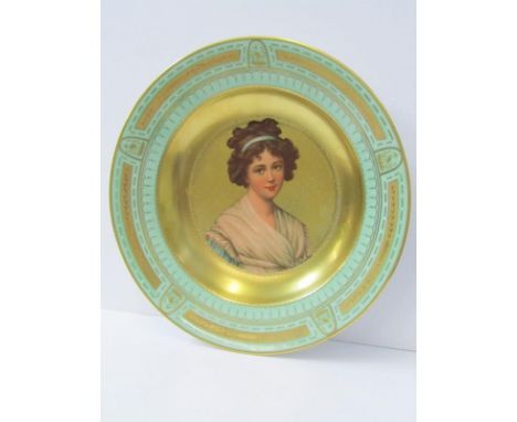 VIENNA CABINET PLATE, gilt and green surround portrait plate depicting Madam Le Brun, 9.75" dia 