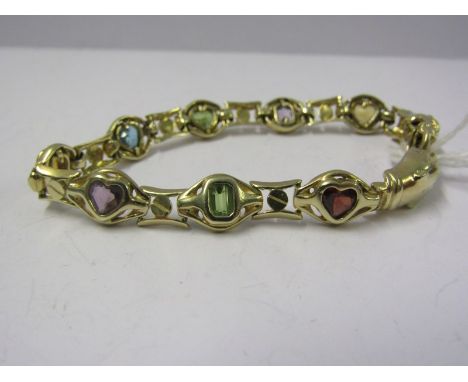 14ct YELLOW GOLD PANTHER'S HEAD MULTI STONE BRACELET, unusual panther's head clasp set with citrine, amethyst, peridot and to