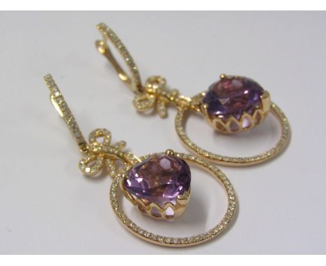 A PAIR OF 14ct YELLOW GOLD AMETHYST &amp; DIAMOND EARRINGS, Unusual drop design, bow, hoop and heart, large heart cut amethys