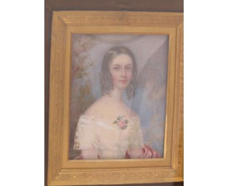 EARLY 19TH CENTURY PORTRAIT MINIATURE on ivory, "Young Lady with rose and lace shawl" 