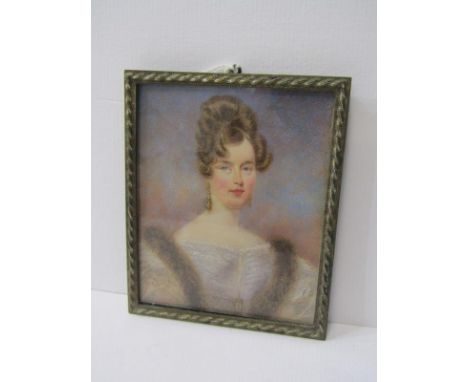 19th CENTURY PORTRAIT MINIATURE, rectangular ivory panel with portrait of Young Lady with fur collared cape 