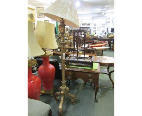 LIGHTING, gilt wood trefoil scroll base standard lamp and shade in continental style 