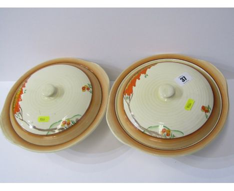 CLARICE CLIFF, pair of Art Deco lidded circular tureens, "Orange Tree" pattern 