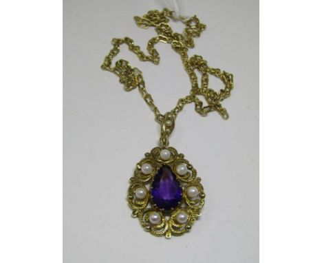 9ct YELLOW GOLD AMETHYST &amp; CULTURED PEARL PENDANT ON 18ct yellow gold plated necklace, pendant approx 5 grms (not includi