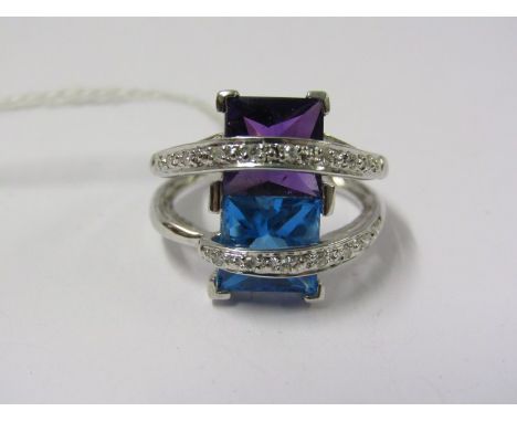 14ct WHITE GOLD AMETHYST TOPAZ &amp; DIAMOND RING, unusual split shank design, size L 