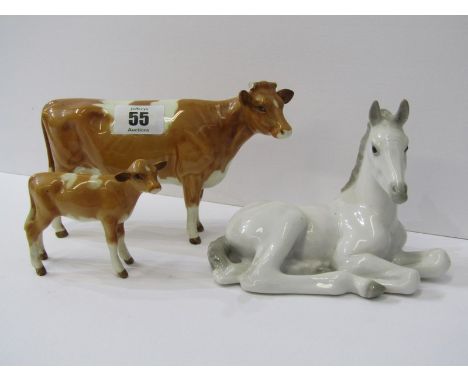 BESWICK CATTLE, Guernsey Cow first version (horn damage) and calf, together with Russian porcelain Resting Foal 