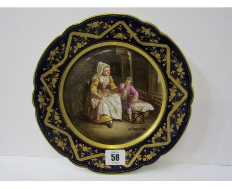 SEVRES CABINET PLATE, attractive gilded blue border cabinet plate, central reserve of Mother and Child with Bird Cage, signed