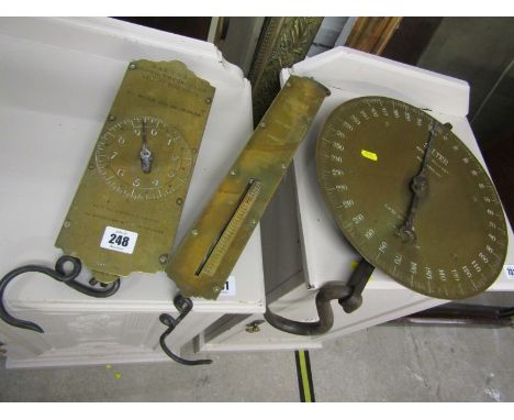 VINTAGE SCALES, brass circular face Salter spring balance for 350lbs, together with 2 other Salter brass faced spring balance