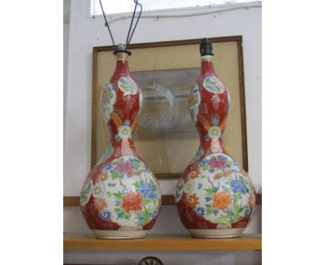 ORIENTAL CERAMICS, pair of Japanese double gourd 19.5" vases adapted to lamp bases, 6 character base marks 