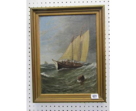 J. PENDLEBURY, signed oil on canvas dated 1877, "Seascape with full sail fishing boat in foreground", 13.5" x 9.5" 