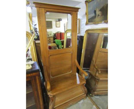 PINE MIRRORED HALL SEAT, ornate foliate carved scroll supports with panelled mirrored back lift top seat, 73" height 32" widt