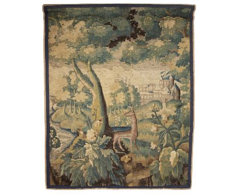 An 18th century Flemish verdure tapestry with a deer amongst trees and a chateau beyond. 147cm x 180cmRepairs, holes and prob