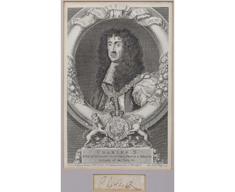 George Vertue (1684-1756) King Charles II portrait engraving and signature, 30cm x 19cm