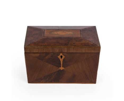 A 19th century burrwood and mahogany tea caddy of sarcophagus form19cm wide x 11.5cm deep x 12.5cm high Qty: 1Interior lids m