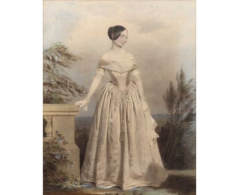 A Victorian full length portrait of a lady in a long dress, watercolour, 48 x 61cm, framed and glazed.stuck down to back boar