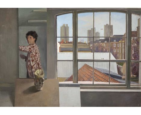 Jane Bond (1939) self portrait with interiors, acrylic on canvas 127cm x 180cmPainted while a student at city and guilds scho