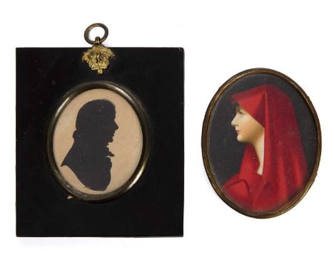 An early 20th century portrait miniature of a lady in a red cape painted on card 6.5cm x 8.8cm together with a silhouette 5.5