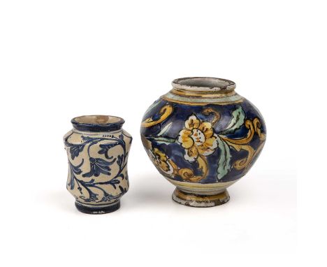 A Venetian Albarello circa 1680, together with an 18th century Sicilian AlbarelloSmall - Minor chips to rim and some crazing 