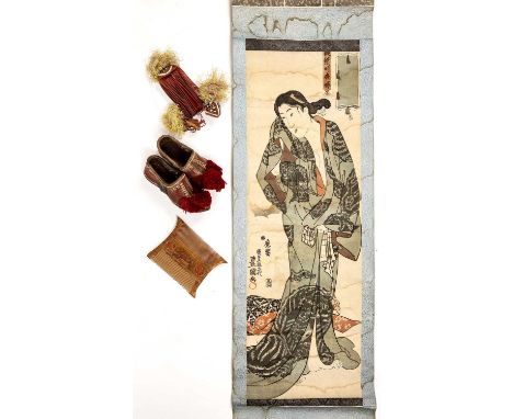 A 19th century Japanese woodblock print scroll, 22cm x 70cm; together with a Persian painted wooden comb, 9.5cm x 12cm; an Ea