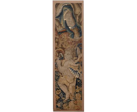 A late 17th century Flemish tapestry fragment depicting a winged cherub, mounted onto a canvas backing40cm wide x 157cm high 