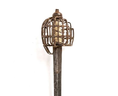 An antique Scottish basket hilt sword, with a ray skin grip, the blade 81cm in lengthBlade rusted and pitted in areas, possib