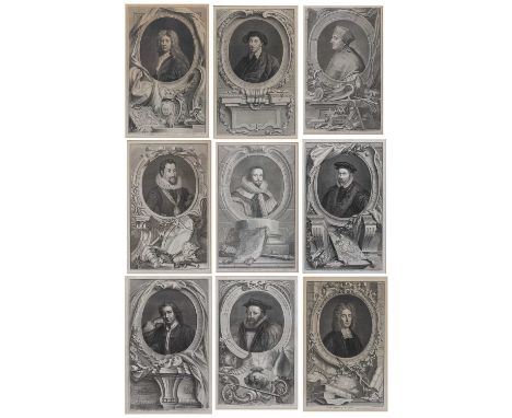 Jacobus Houbracken (1698-1780) Nine portrait engravings depicting prominent British figures, each 36cm x 23cm framed and glaz