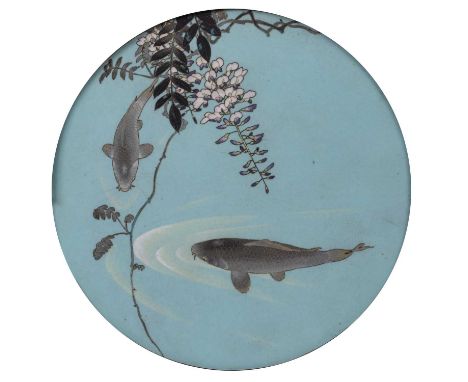 A 19th century Japanese cloisonne enamel plaque depicting carp and mounted in a red lacquered frame. the plaque 37cm diameter