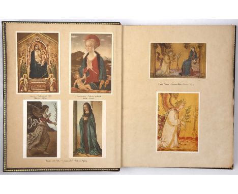 A gilt tooled leather bound album containing a collection of coloured prints of Old Master paintings on untrimmed paper (360 