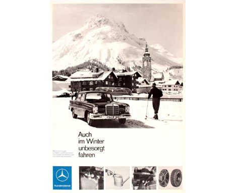 Original vintage advertising poster for the German car manufacturer Mercedes-Benz: Even in winter drive safely Please visit u