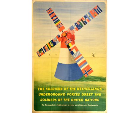 Original vintage World War Two liberation propaganda poster - The Soldiers of the Netherlands Underground Forces Greet the So