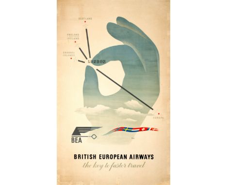 Original vintage travel advertising poster for BEA British European Airways featuring a great mid-century illustration by the