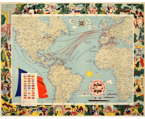 Original vintage travel advertising poster for the Compagnie Generale Transatlantique (founded 1861) featuring a decorative w