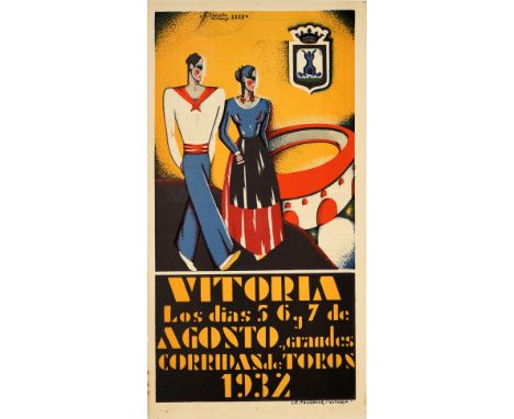 Original vintage poster for Vitoria bullfighting at the Vitoria Bullring featuring a great Art Deco illustration of a man and