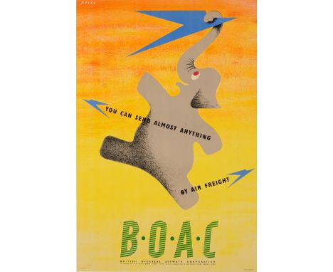 Original vintage travel advertising poster promoting air freight services with BOAC featuring a fun and colourful mid-century