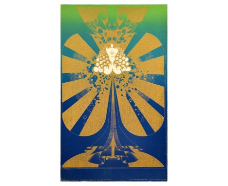 Original vintage psychedelic design poster in green and blue with an illustration of a lady in gold with wave pattern hair an