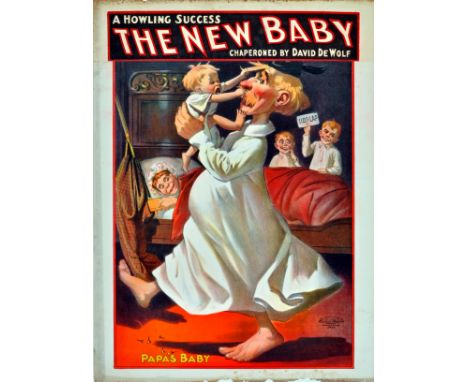 Original antique theatre advertising poster for a comedy play The New Baby - a howling success chaperoned by David DeWolf - a