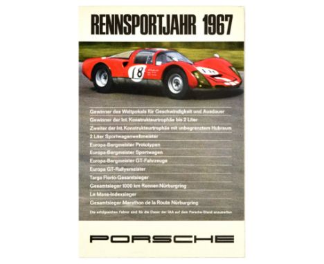 Original vintage sports and advertising poster for Porsche - Racing Year 1967 / Rennsportjahr 1967, featuring an image of a r