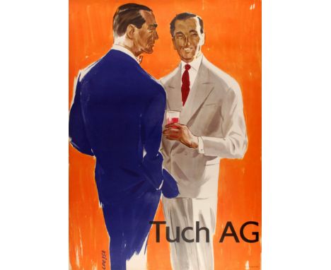 Original vintage mid-century advertising poster for Tuch AG, a Swiss brand of fashion clothing, featuring a painting by the r