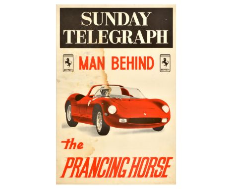 Original vintage advertising poster from Sunday Telegraph - Man Behind the Prancing Horse - featuring a driver in a red Ferra
