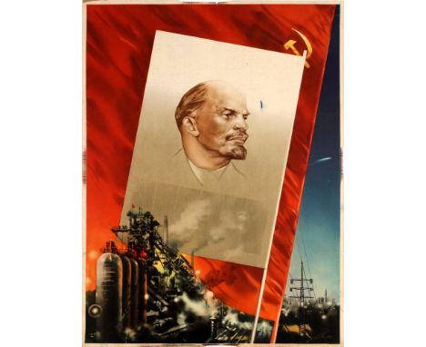 Original vintage Soviet propaganda poster for the Pravda newspaper featuring a portrait of Lenin on a white flag in front of 