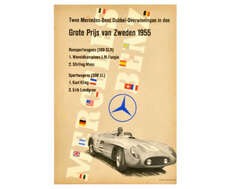 Original vintage poster advertising the Mercedes Benz double victory at the Swedish Grand Prix in 1955 - Twee Mercedes Benz D