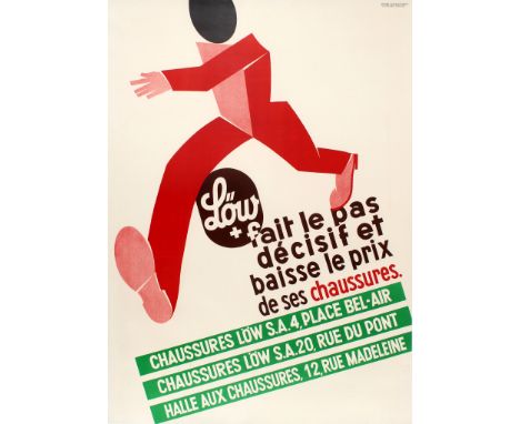 Original vintage advertising poster promoting Low brand of shoes featuring a stylised graphic design of a figure walking in a