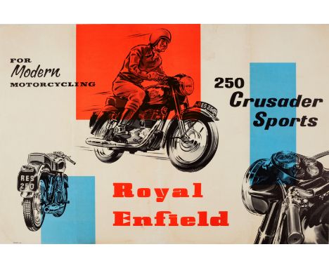 Original vintage advertising poster: For Modern Motorcycling 250 Crusader Sports Royal Enfield. Dynamic artwork showing three