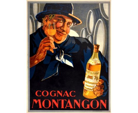 Original antique alcohol drink advertising poster for Cognac Montangon featuring a smiling man looking at the viewer and hold