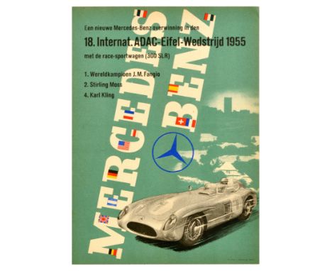 Original vintage motorsport poster celebrating the Mercedes-Benz victory at the 18th International ADAC Eifel Wedstrijd 1955 