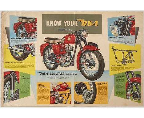 Original vintage advertising poster published by BSA motorcycles to promote its new BSA 250 Star Model C15 featuring a shiny 