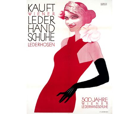 Original vintage fashion advertising poster for leather gloves featuring an Art Deco image of an elegantly dressed lady weari