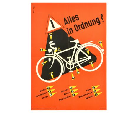 Original vintage road safety poster - Everything OK? / Alles in Ordnung? - featuring an illustration of a bicycle set over a 