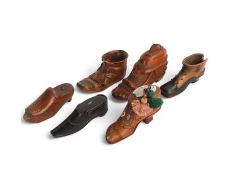 A group of 6 x 19th century treen shoe boxes, some A/F (6)