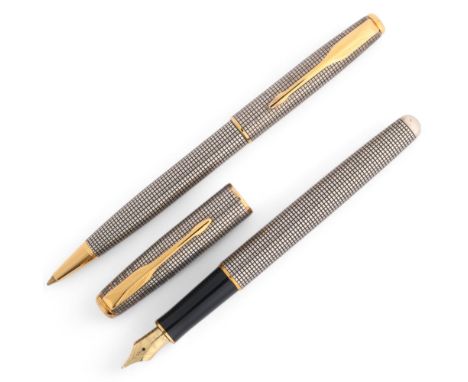 A Parker Cisele fountain pen and ballpoint pen, with unmarked white metal crosshatch body, fountain pen has 18k nib and conve